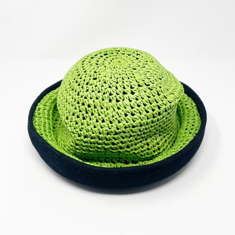 French Connection Lime Green Crochet Black Wool Hat Made in England Women
